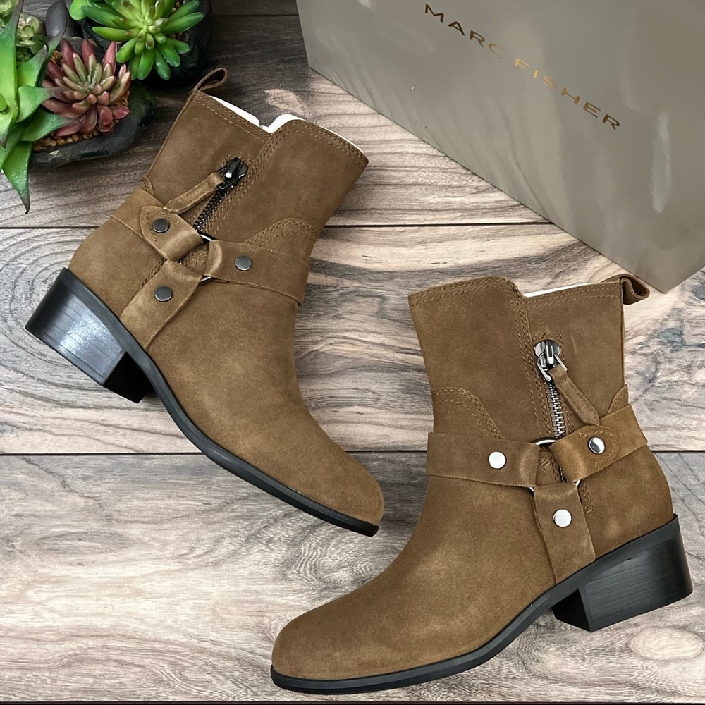 NIB Marc Fisher Dalary Harness Motocycle Ankle Boots Almond Toe Brown Suede 8M